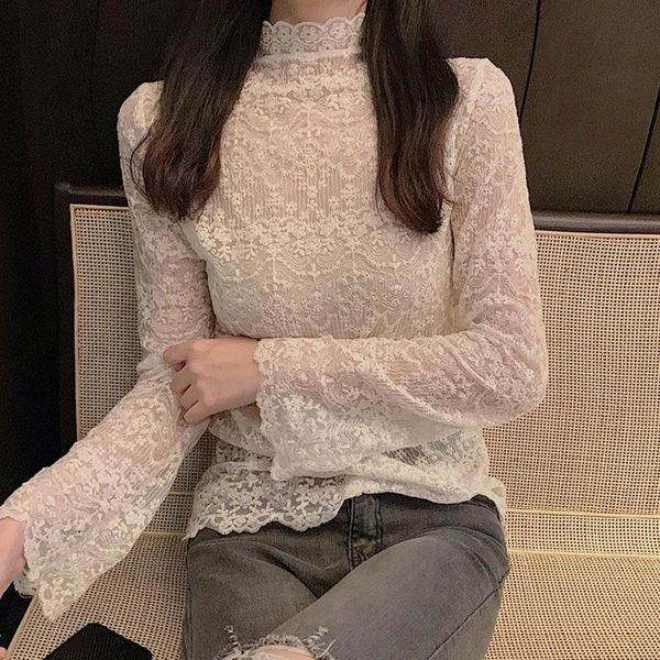 women's t-shirt small half high neck embroidered flower exquisite lace super fairy net yarn base bottoming print two colors, White