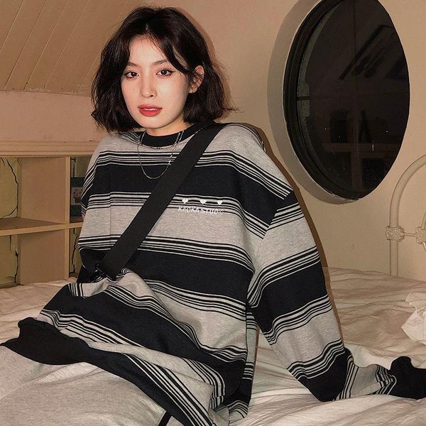 women's hoodies & sweatshirts cotton sweatshirt vibe style striped embroidered round neck spring and autumn korean version loose thin, Black
women's hoodies & sweatshirts cotton sweatshirt vibe style striped embroidered round neck spring and autumn korean version loose thin, Black