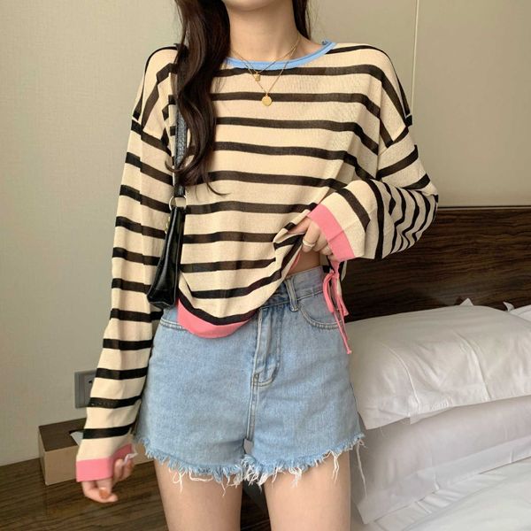 double pleated loose slim design stripe thin ice silk t-shirt women's knitted long sleeve sunscreen blouse, White
double pleated loose slim design stripe thin ice silk t-shirt women's knitted long sleeve sunscreen blouse, White