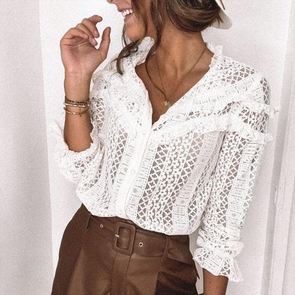office solid buttons ruffle womens shirt long sleeve lace hollow out slim elegant n50, White
office solid buttons ruffle womens shirt long sleeve lace hollow out slim elegant n50, White