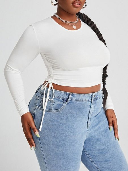 sxy plus drawstring side crop tee t3p6#, Black