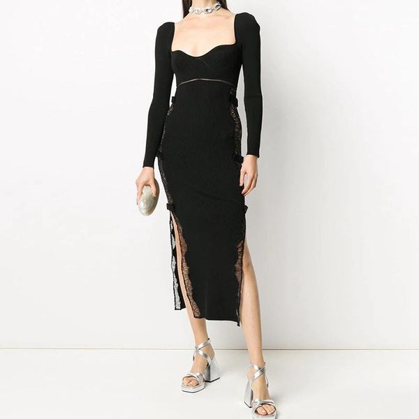 casual dresses women bodycon sweater dress square collar lace patchwork side split midi, Black;gray
casual dresses women bodycon sweater dress square collar lace patchwork side split midi, Black;gray