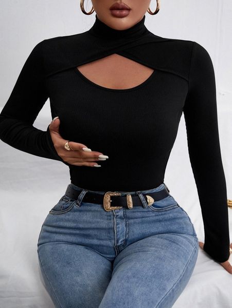 cut out high neck tee x306#, White