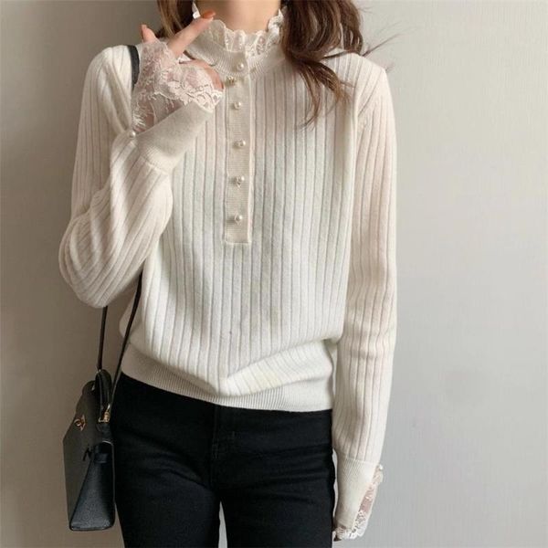 women's sweaters 2021 autumn winter sweater loose lace necked knitted with foreign style and thickened inner layer, White;black
women's sweaters 2021 autumn winter sweater loose lace necked knitted with foreign style and thickened inner layer, White;black