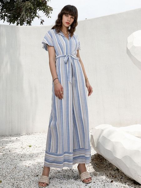 striped zip detail lapel belted jumpsuit 49k0#, White 
striped zip detail lapel belted jumpsuit 49k0#, White