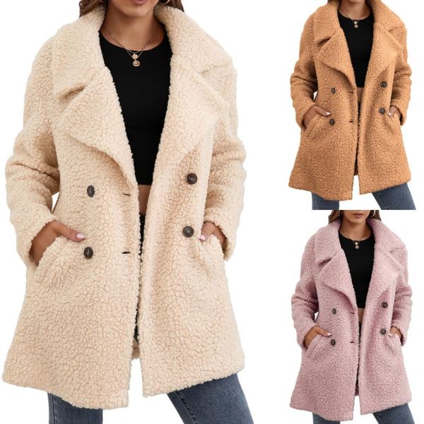 women's wool & blends female fleece overcoat winter, solid color turn-down collar long sleeve jacket with pockets for women office ladi, Black
women's wool & blends female fleece overcoat winter, solid color turn-down collar long sleeve jacket with pockets for women office ladi, Black
