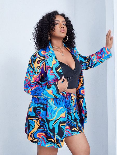 plus allover print blazer & skirt t1k9#, White
plus allover print blazer & skirt t1k9#, White