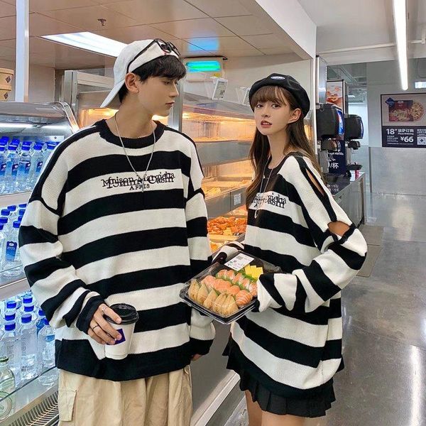 men's sweaters spring and autumn black white striped knitted sweater korean lovers the same loose letters holes lazy long sleeve shirt, White;black
men's sweaters spring and autumn black white striped knitted sweater korean lovers the same loose letters holes lazy long sleeve shirt, White;black