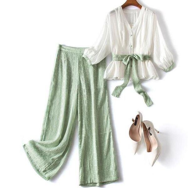 women's two piece pants chiffon 2 pieces women sets autumn vintage 2021 bandage blouse and wide leg ankle length office lady clothing s, White
women's two piece pants chiffon 2 pieces women sets autumn vintage 2021 bandage blouse and wide leg ankle length office lady clothing s, White