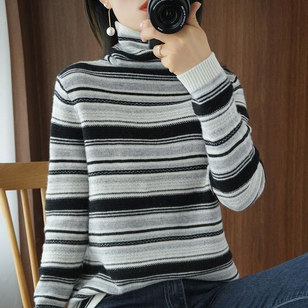 women's sweaters autumn and winter retro color striped pile collar cashmere sweater turtleneck knitted women pullover top, White;black
women's sweaters autumn and winter retro color striped pile collar cashmere sweater turtleneck knitted women pullover top, White;black