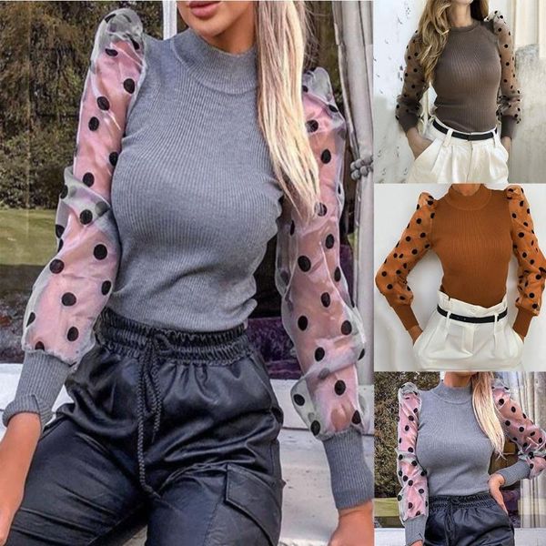 women's blouses & shirts knitted shirt women blouse loose casual polka dots spring mesh puff long sleeve ribbed elegant turtleneck e3, White
women's blouses & shirts knitted shirt women blouse loose casual polka dots spring mesh puff long sleeve ribbed elegant turtleneck e3, White