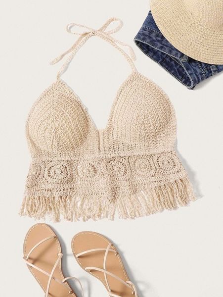 fringe hem tie back crop halter r3c7#, White