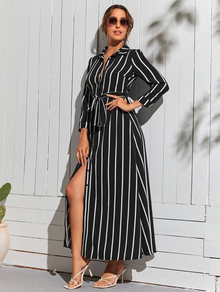striped print belted shirt dress f1hl#, Black;gray
