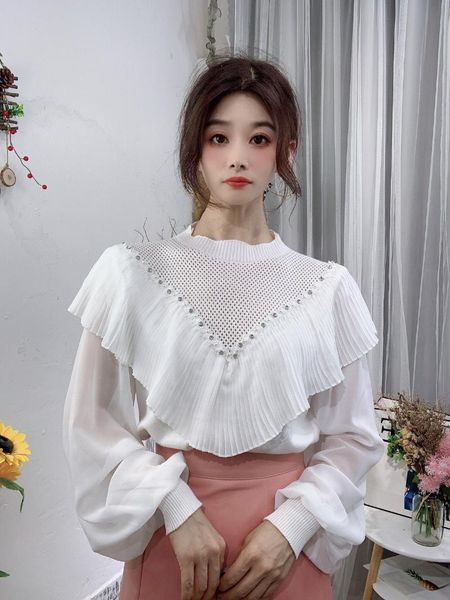 women's blouses & shirts korean spring autumn heavy industry beaded hollow knitted stitching chiffon sleeves ruffled loose women 2021, White
women's blouses & shirts korean spring autumn heavy industry beaded hollow knitted stitching chiffon sleeves ruffled loose women 2021, White
