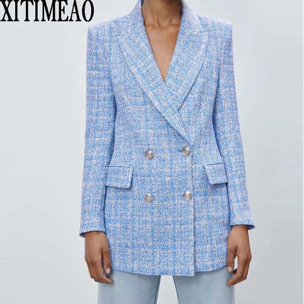 za women spring autumnfashion double breasted tweed check blazers coat vintage long sleeve female outerwear 210602, White;black
za women spring autumnfashion double breasted tweed check blazers coat vintage long sleeve female outerwear 210602, White;black