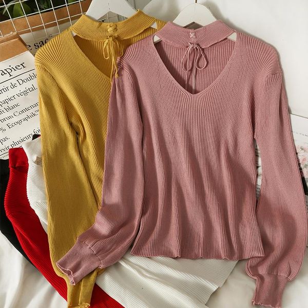 women's sweaters korean chic drawstring bow halter sweater fall 2021 long sleeve pullover solid all match elastic knitted woman, White;black
women's sweaters korean chic drawstring bow halter sweater fall 2021 long sleeve pullover solid all match elastic knitted woman, White;black