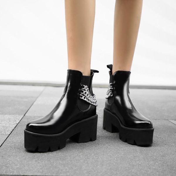 boots winter thick bottom high heels ankle women black patent leather round toe metal chain female platform shoes
boots winter thick bottom high heels ankle women black patent leather round toe metal chain female platform shoes