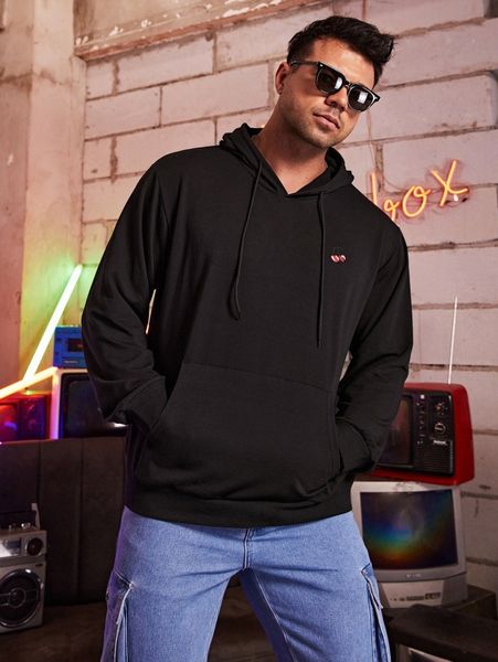 extended sizes men cherry embroidery drawstring hoodie 54ak#, Black