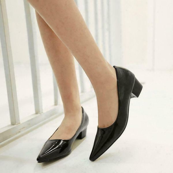 dress shoes women fashion pointy toe slip on pumps block heel patent leather solid, Black