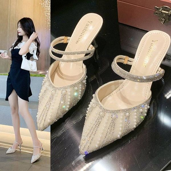luxury dress shoes one shoe two baotou slipper wear thin heel sandals 7cm pearl pointed high heels summer, Black
luxury dress shoes one shoe two baotou slipper wear thin heel sandals 7cm pearl pointed high heels summer, Black