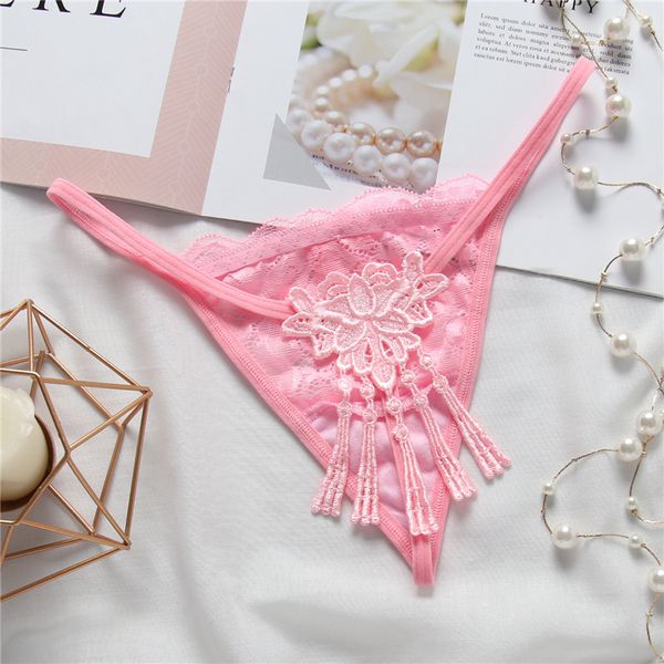lace embroidered low waisted thong ultra thin transparent tassel t pants women's underwear, Black;white