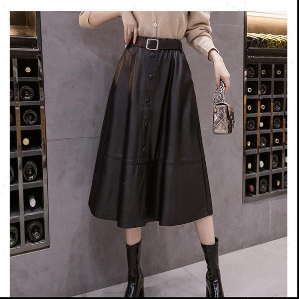 pu faux leather a women skirt line midi winter preppy style button sashes khaki ladies flare skater s9106, Black 
pu faux leather a women skirt line midi winter preppy style button sashes khaki ladies flare skater s9106, Black