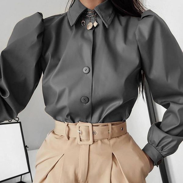 long puff sleeve turn down collar women shirt button faux leather elegant fashion autumn winter casual brown blouse, White
long puff sleeve turn down collar women shirt button faux leather elegant fashion autumn winter casual brown blouse, White