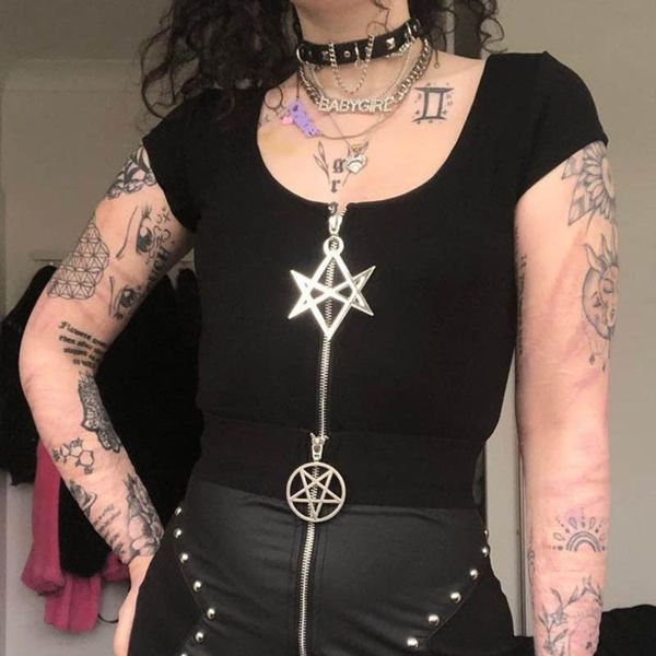 women's t-shirt summer tees for women punk gothic pentagram zipper design goth clothes black fashion female short tshirts 2021, White
women's t-shirt summer tees for women punk gothic pentagram zipper design goth clothes black fashion female short tshirts 2021, White