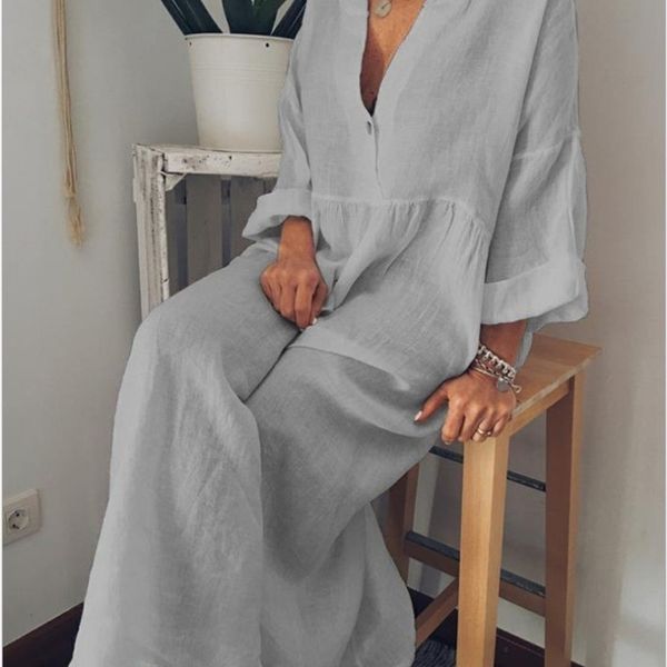 szmall new women boho loose long dress autumn summer female long sleeve v neck cotton linen plus size dresses t200604, Black;gray