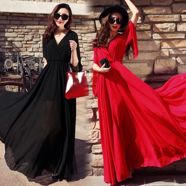 long summer v neck half women dress sleeve elastic high waist party maxi dresses casual red chiffon beach sundress vestidos, Black;gray
long summer v neck half women dress sleeve elastic high waist party maxi dresses casual red chiffon beach sundress vestidos, Black;gray