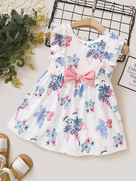 baby girl floral print bow front babydoll dress she, Red;yellow