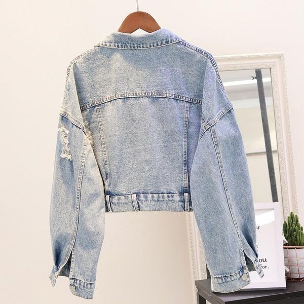 women's jackets fashion loose fit short denim jacket womens 2021 autumn sequins holes frayed jean coats long sleeve jeans streetwear, Black;brown