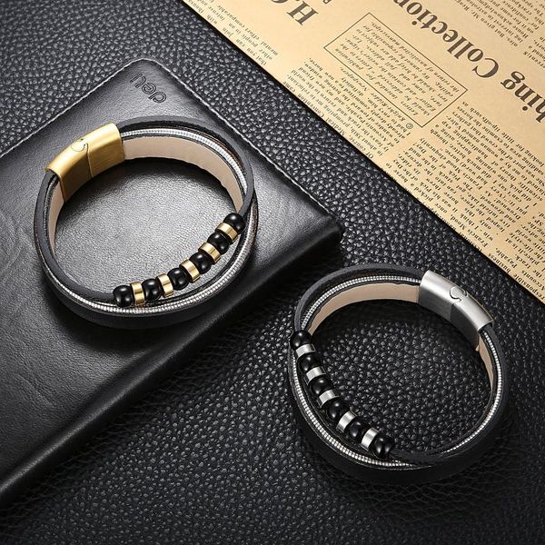 charm bracelets haoyi fashion double layer leather bracelet black bead accessories men's retro punk stainless steel jewelry, Golden;silver 
charm bracelets haoyi fashion double layer leather bracelet black bead accessories men's retro punk stainless steel jewelry, Golden;silver
