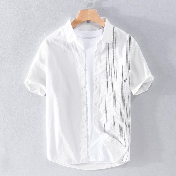 men's casual shirts summer embroidered striped shirt with short sleeves lapels for men, White;black
men's casual shirts summer embroidered striped shirt with short sleeves lapels for men, White;black