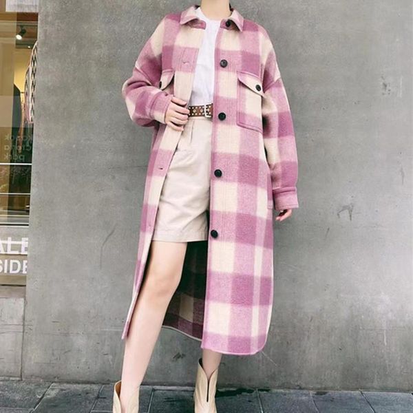 women's wool & blends woolen mid-length coat women plaid long sleeve turn-down collar single breasted loose ladies jacket with pockets, Black
women's wool & blends woolen mid-length coat women plaid long sleeve turn-down collar single breasted loose ladies jacket with pockets, Black