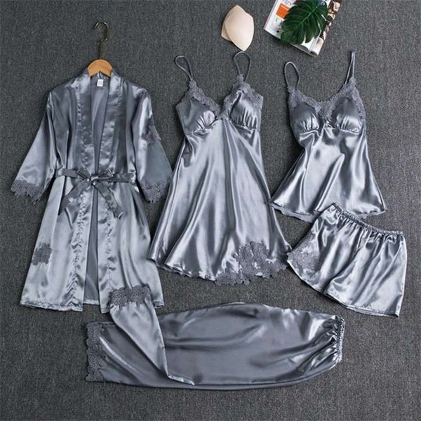 sleepwear sleep suit female 5pcs pajamas set satin pyjamas lace bridal wedding nightwear satin nighty&robe home wear 210928, Black;red
sleepwear sleep suit female 5pcs pajamas set satin pyjamas lace bridal wedding nightwear satin nighty&robe home wear 210928, Black;red
