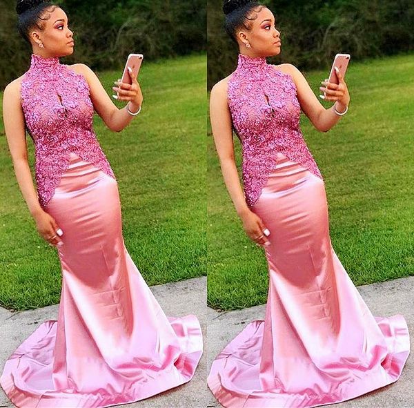2021 pink prom dresses high neck lace applique beaded mermaid satin sleeveless sweep train custom made evening gown vestidos formal occasion, Black
2021 pink prom dresses high neck lace applique beaded mermaid satin sleeveless sweep train custom made evening gown vestidos formal occasion, Black