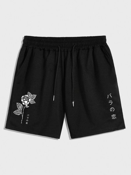men floral & japanese letter graphic drawstring waist shorts 47vf#, Black