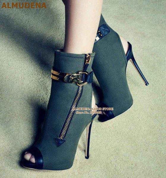 boots almudena army green canvas ankle stiletto heels gold metal buckle decorated short zipper open toe exposed heel, Black
boots almudena army green canvas ankle stiletto heels gold metal buckle decorated short zipper open toe exposed heel, Black
