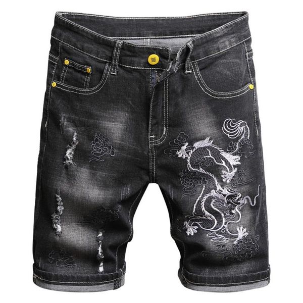 men's jeans dragon embroidery denim shorts summer trendy holes ripped stretch black breeches, Blue
men's jeans dragon embroidery denim shorts summer trendy holes ripped stretch black breeches, Blue