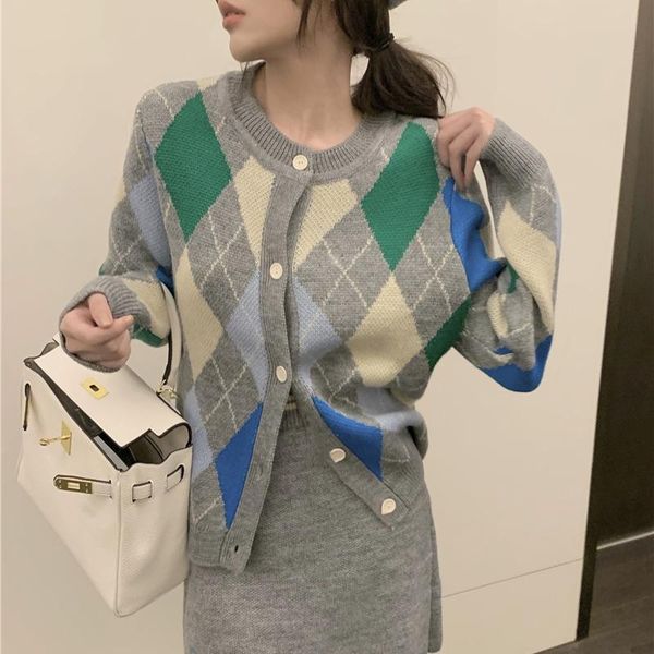 women's knits & tees autumn and winter style college diamond lattice single-breasted o-neck knitted cardigan women, White
women's knits & tees autumn and winter style college diamond lattice single-breasted o-neck knitted cardigan women, White