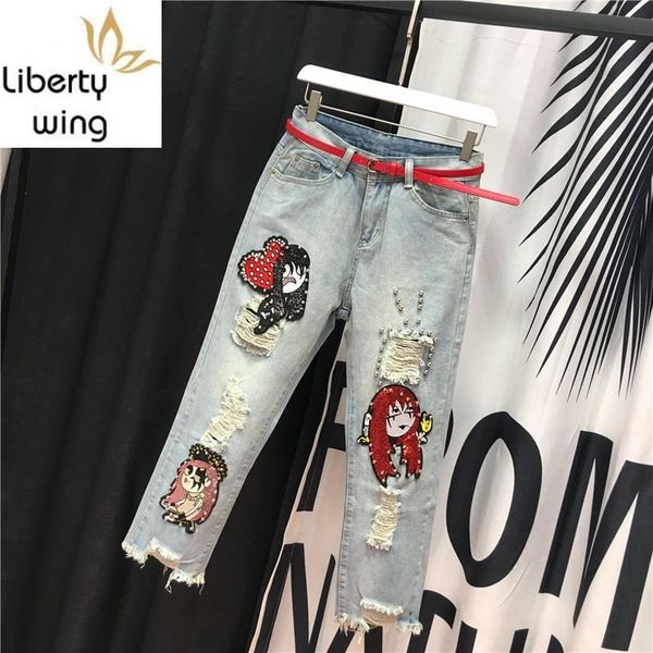 women's jeans fashion women hole ripped high waist sequined cartoon embroidery denim harem rivet beads ankle length baggy pants, Blue
women's jeans fashion women hole ripped high waist sequined cartoon embroidery denim harem rivet beads ankle length baggy pants, Blue