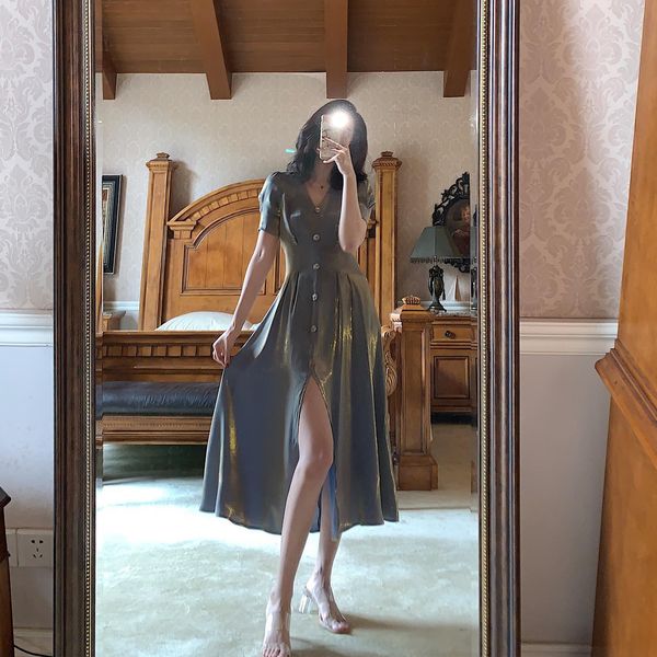vintage womens summer sundress v-neck short sleeve female vestidos button slim elegant mermaid polarized midi dress, Black;gray
vintage womens summer sundress v-neck short sleeve female vestidos button slim elegant mermaid polarized midi dress, Black;gray