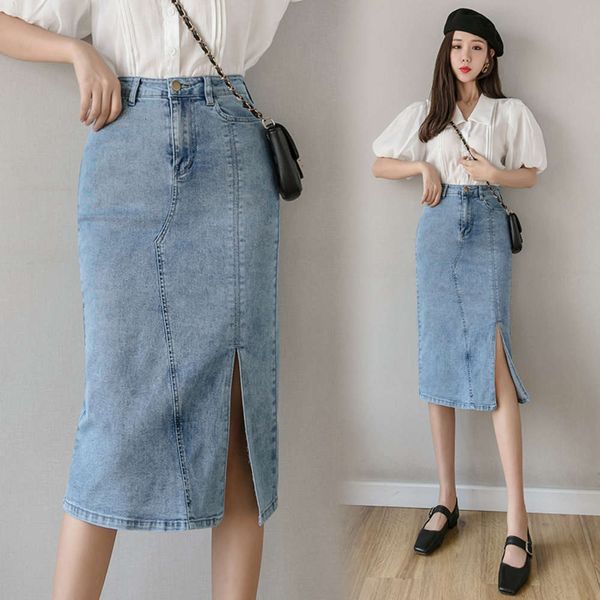 2021 spring new design sense split denim medium length buttock high waist one step skirt, Blue
2021 spring new design sense split denim medium length buttock high waist one step skirt, Blue