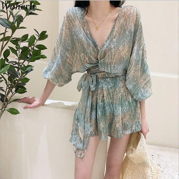women's tracksuits woherb 2 piece set women summer korean clothes v-neck chiffon +high waist wide leg short pants pashion two sets, Gray
women's tracksuits woherb 2 piece set women summer korean clothes v-neck chiffon +high waist wide leg short pants pashion two sets, Gray