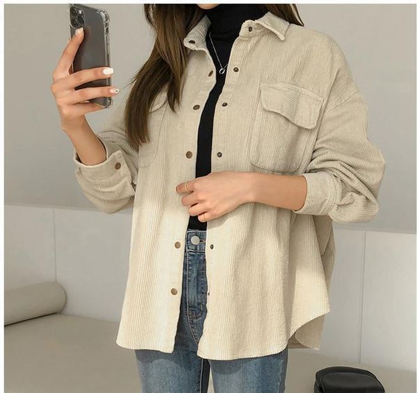 women's blouses & shirts 2021 fashion woman corduroy jacket solid shirt single breasted turn down collar long sleeve pocket button femi, White 
women's blouses & shirts 2021 fashion woman corduroy jacket solid shirt single breasted turn down collar long sleeve pocket button femi, White