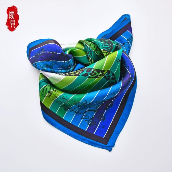 scarves blue green striped natural silk scarf women 50cm small square hair band lively bandana shawl gift for girls, Blue;gray 
scarves blue green striped natural silk scarf women 50cm small square hair band lively bandana shawl gift for girls, Blue;gray