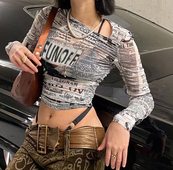 women's t-shirt women see-through mesh adults spaper print long sleeve round neck crop t-shirts, White
women's t-shirt women see-through mesh adults spaper print long sleeve round neck crop t-shirts, White