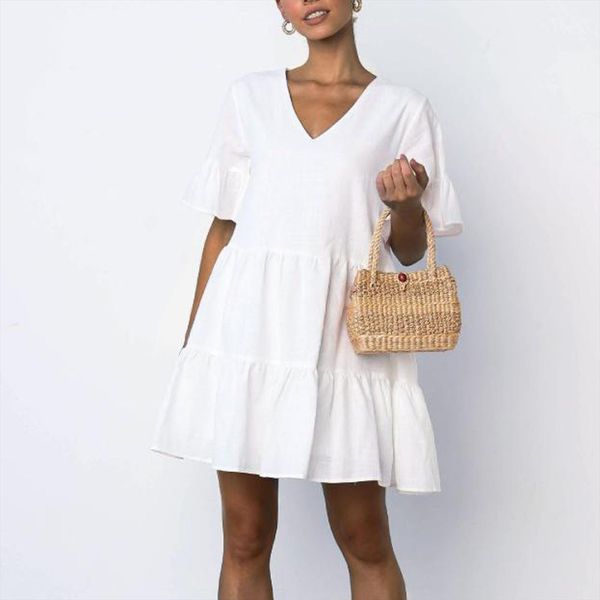 solid color v neck women dress fashion casual short sleeve ruffle loose dresses for, Black;gray
solid color v neck women dress fashion casual short sleeve ruffle loose dresses for, Black;gray