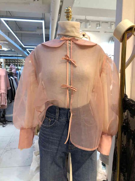 mesh perspective shirt women summer peter pan collar lantern sleeve bow lace up solid color blouse korea elegant, White
mesh perspective shirt women summer peter pan collar lantern sleeve bow lace up solid color blouse korea elegant, White